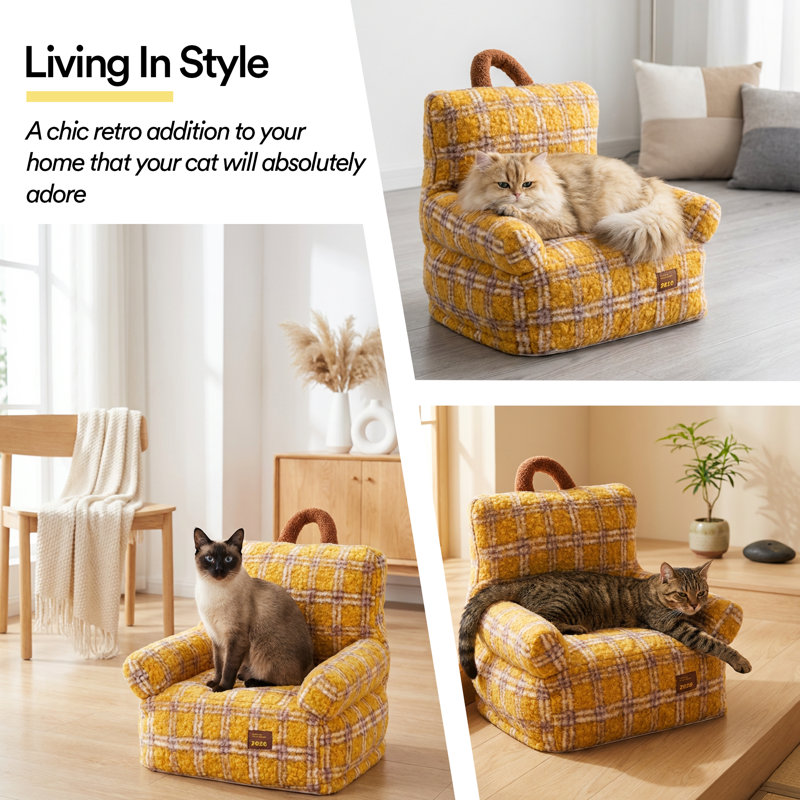 zeze Vintage Furniture Style Sofa Dog Bed (Plaid)-Yellow Small